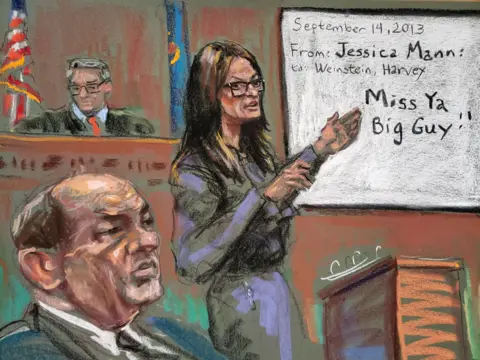 Reuters Sketch showing Donna Rotunno gesturing to a screen with an email saying: 'Miss ya big guy'