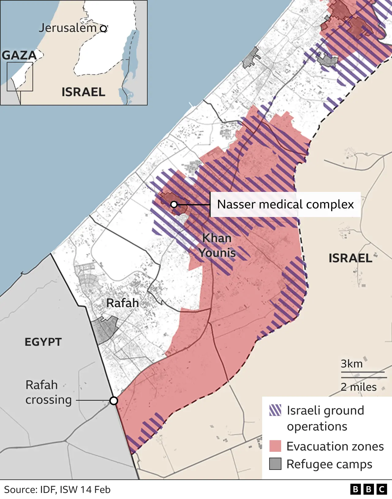 Map of southern Gaza showing the location of the Nasser medical complex in Khan Younis, plus the Israeli declared evacuation areas and the extent of Israeli ground operations as of 14 February 2023.