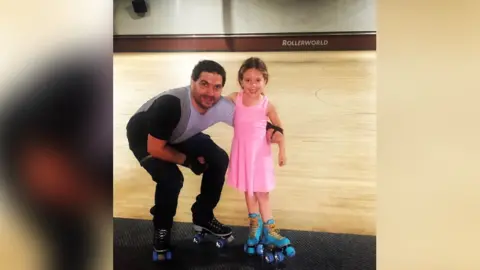 Elle Lawson Myla and her father Tom at Rollerworld