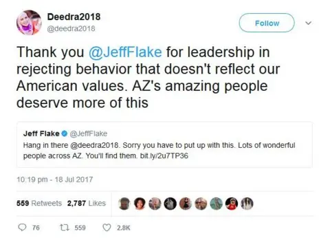 @Deedra2018 Deedra Abboud tweets: "Thank you @JeffFlake for leadership in rejecting behavior that doesn't reflect our American values. AZ's amazing people deserve more than this".
