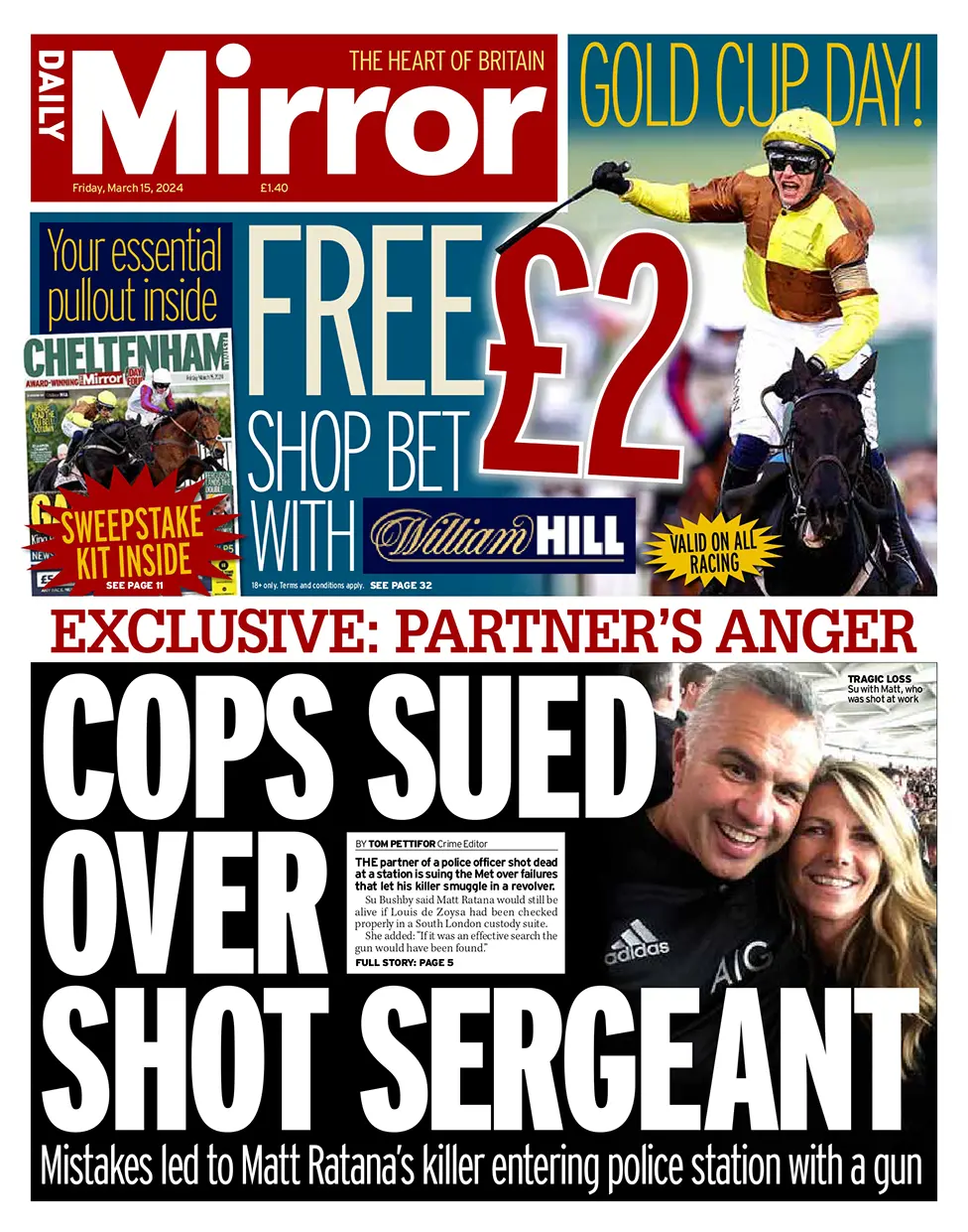 BBC The headline in the Mirror reads: "Cops sued over shot sergeant".