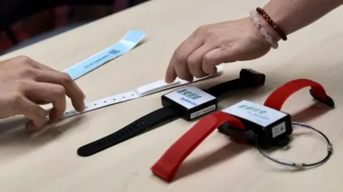 Getty Images Monitoring wristbands for people under quarantine amid coronavirus outbreak on March, 2020 in Hong Kong.