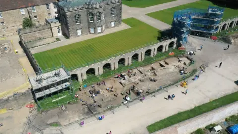 Durham University Aerial view of an excavation at the castle