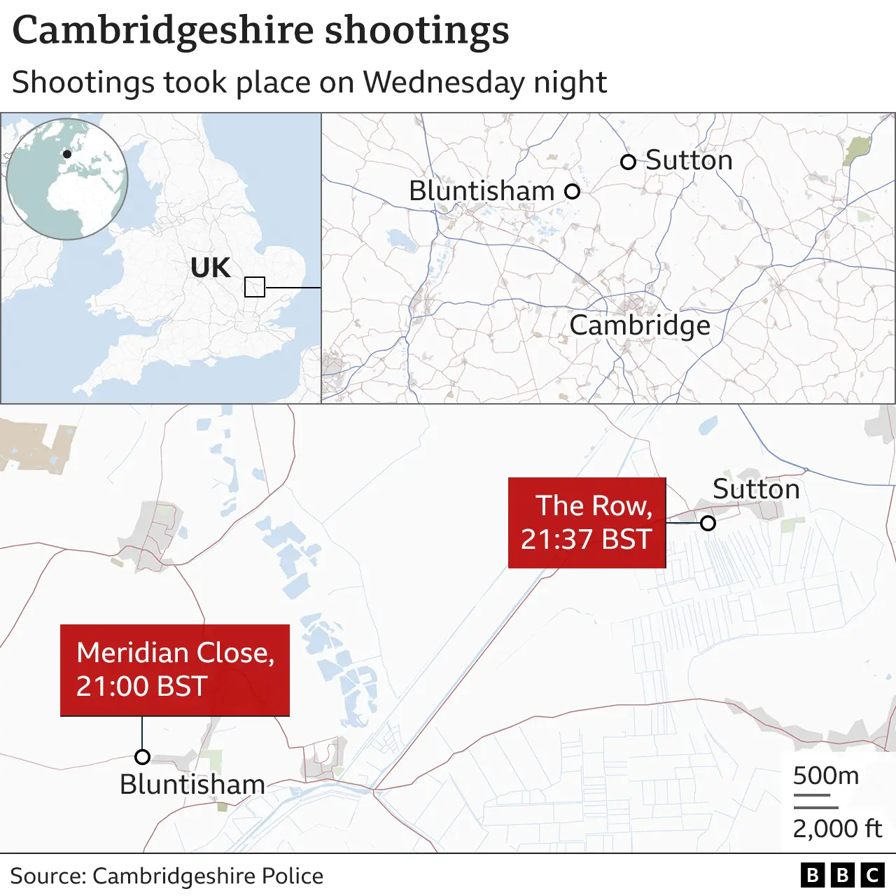 Map shows the properties in Meridian Close, Bluntisham and The Row, in Sutton - about six-and-a-half miles away from each other