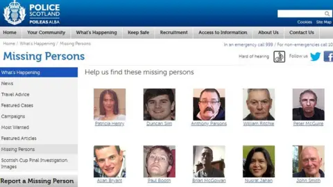 Police Scotland Screen grab of missing persons list on Police Scotland website