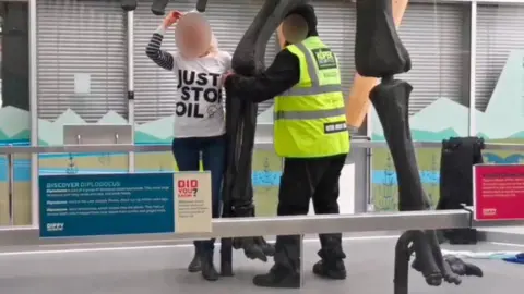 Just Stop Oil/PA Media Protester at Dippy exhibit