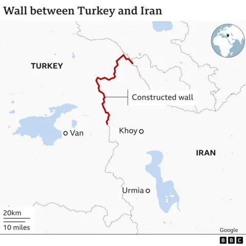 Map shows how border wall stretches more than half the length of Turkey's border with Iran