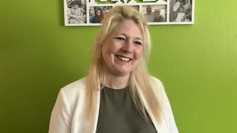 BBC Vicki Chadwick posing in front of a lime green wall