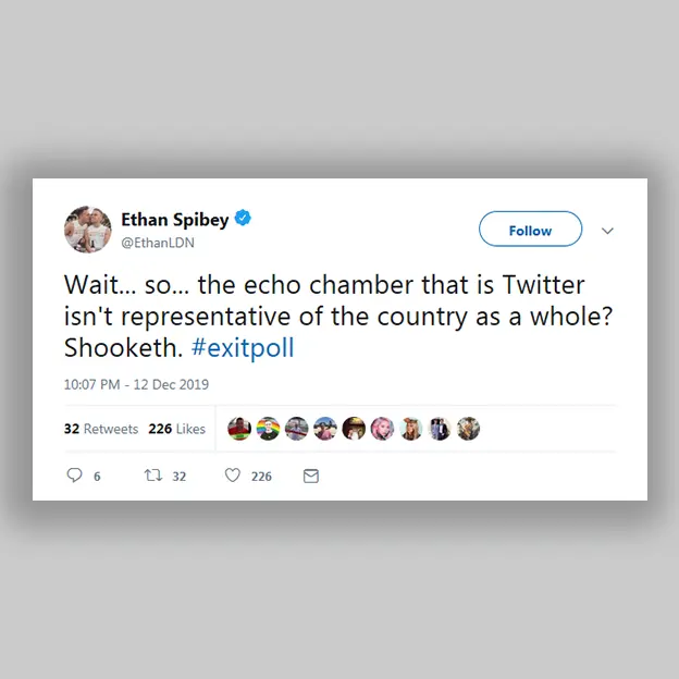 Twitter Tweet from Ethan Spibey: "Wait so the echo chamber that is Twitter isn't representative of the country as a whole? Shooketh #exitpoll"