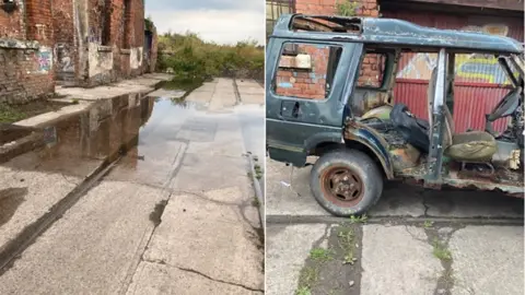 Barrow Borough Council Derelict buildings and burnt out car at Salthouse Mills