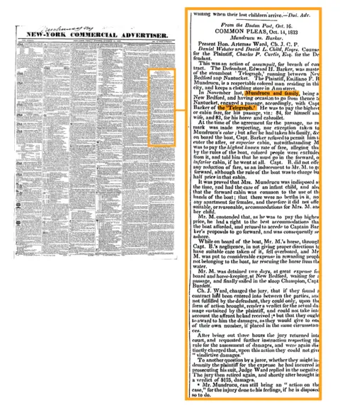 Readex Newsbank 1833 New York newspaper report announces Mundrucu's victory in the first court case