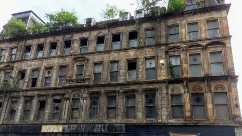 The facade of the building