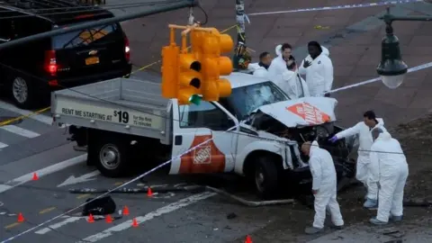 Reuters A white pick-up truck mowed down people after entering the West St-Houston St pedestrian-bike path in Lower Manhattan on Tuesday afternoon, the New York Police Department says.