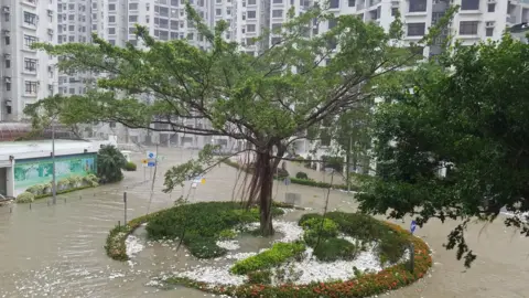 Reuters Water brought by high waves washed ashore in Heng Fa Chuen in Hong Kong on 16 September 2018.