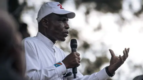 AFP Congolese presidential candidate Martin Fayulu gives a speech during a campaign rally in Goma, eastern Democratic Republic of Congo, on November 30, 2023.