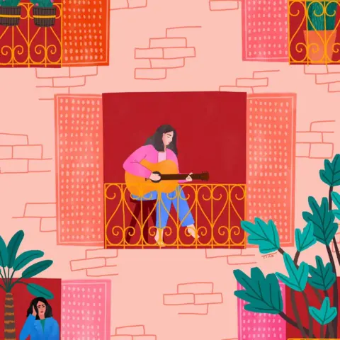 Octavia Bromell An illustration of Italians singing on their balconies during the lockdown