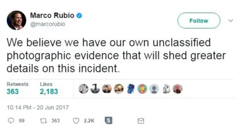@marcorubio/Twitter We believe we have our own unclassified photographic evidence that will shed greater details on this incident.