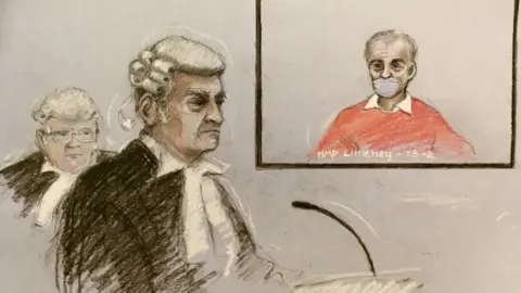 PA Media/Elizabeth Cook Court artist sketch by Elizabeth Cook of Barry Bennell appearing via video link before Michael Kent QC