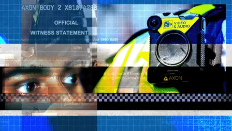 BBC Treated image showing whistleblower's eyes, a police body cam and wording of a witness statement