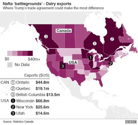 Map of US-Canada dairy exports