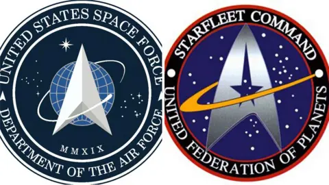 US handout US Space Force logo on left and the Star Trek emblem on right