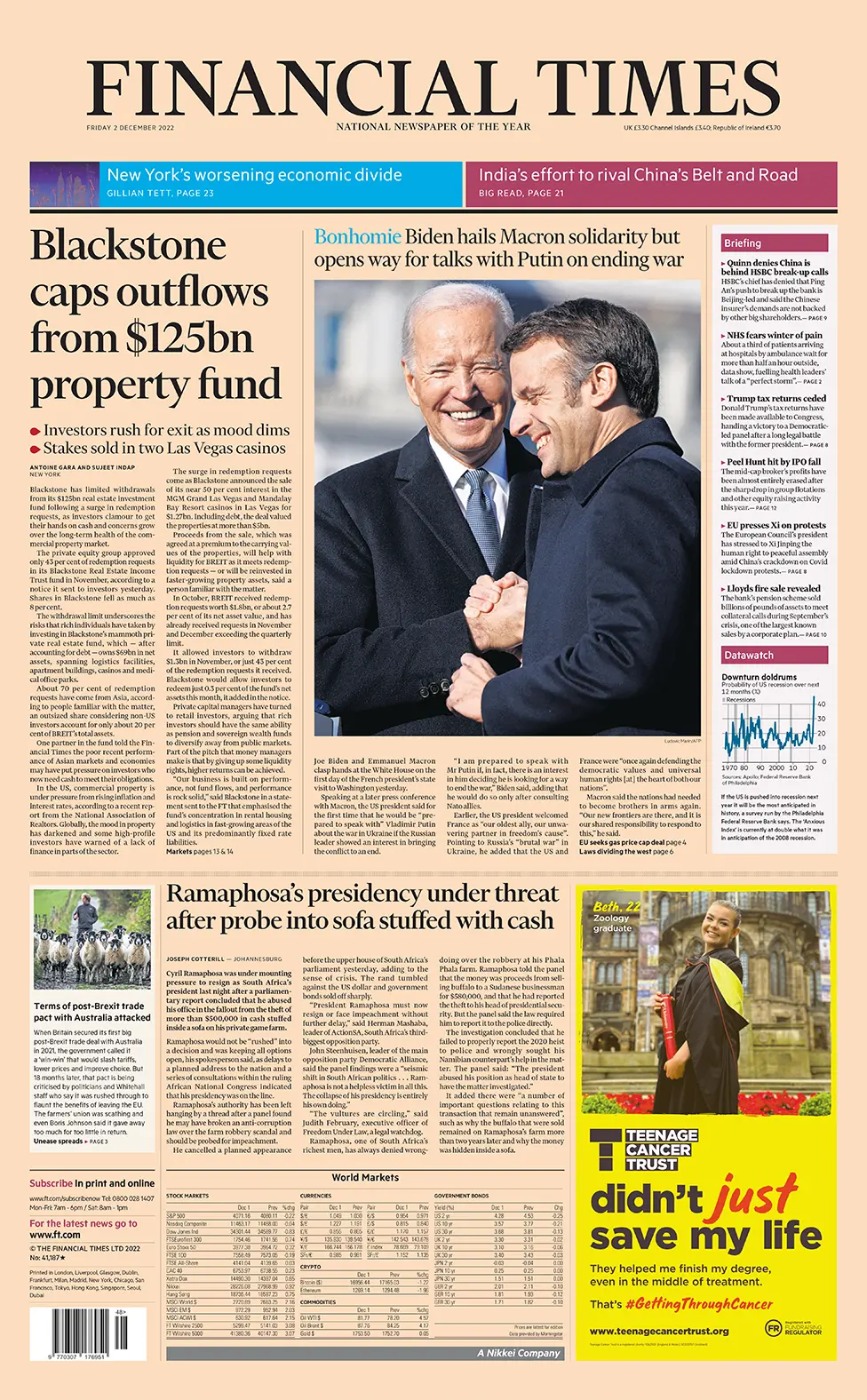 The main headline on the front page of the Financial Times reads 'Blackstone caps outflows from $125bn property fund'