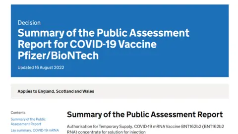MHRA A webpage reading: Summary of the Public Assessment Report for COVID-19 Vaccine Pfizer/BioNTech. Updated 16 August 2022