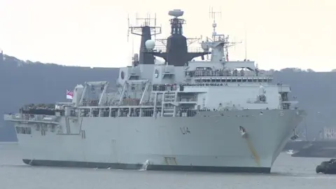 BBC HMS Albion sailing into Devonport in 2018