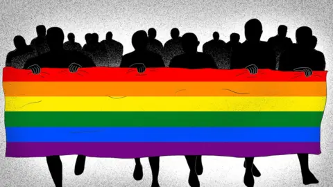 George Wafula/BBC Parade of shadowed people holding a rainbow flag