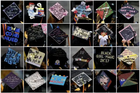 Reuters This combination photo shows graduates' mortar board hats emblazoned with decorations