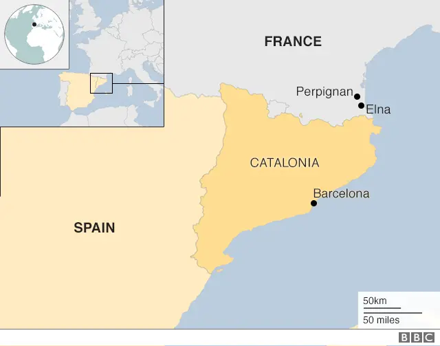 Map showing Perpignan, Elna, Barcelona and Catalonia