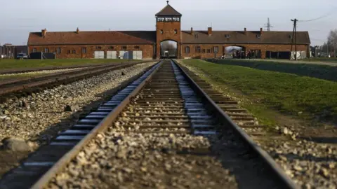 Auschwitz visitors urged not to balance on railway tracks for photos