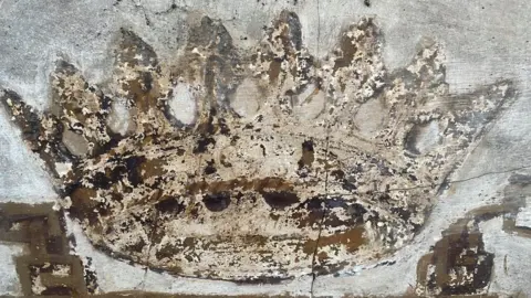 Tobit Curteis Associates LLP  The 20ft (6m) wide design - partially obscured by a wooden joist - is located in the roof space of what probably formed the north-west wall of the original library