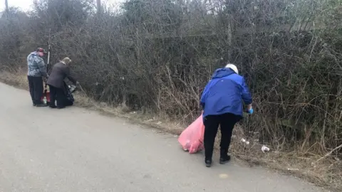 Alex Stevanovic/BBC Litter pickers in North Benfleet