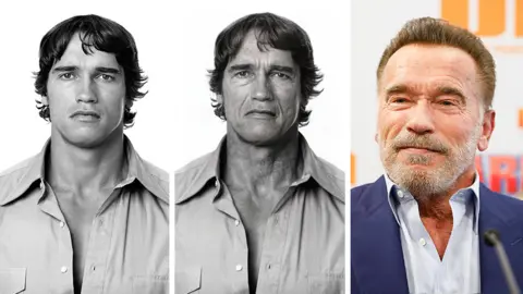Getty Images/FaceApp Composite image of Arnold Schwarzenegger before the app, after it and what he looks like now