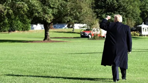 Getty Images US President Donald Trump raises his fist as he walks on the South Lawn before boarding Marine One at the White House, 13 October 2018