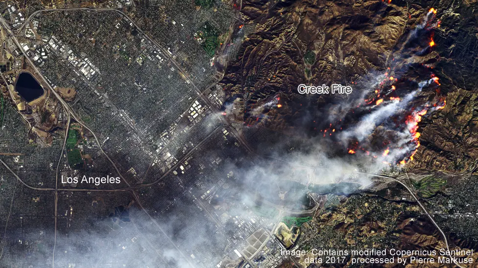 BBC Creek fire near lA, satellite image