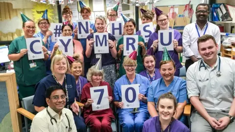 Cwm Taf UHB Staff in the paediatric wards at Royal Glamorgan Hospital celebrate the NHS turning 70