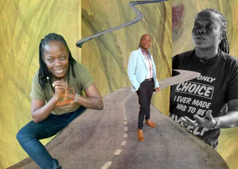 Somsara Rielly/BBC Collage of Mauricio on a road. He has dreadlocks and wears jeans and a tshirt