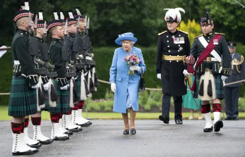 PA Media Queen Elizabeth II attending the Ceremony of the Keys on the forecourt of the Palace of Holyrood House in Edinburgh, as part of her traditional trip to Scotland for Holyrood Week, 28 June 2021