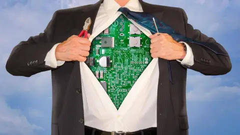 Getty Images Man in suit revealing circuitboard chest