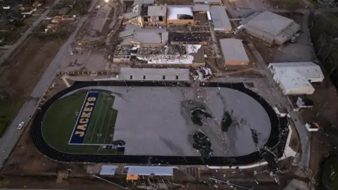 Reuters An aerial view shows the destroyed Wynne High School in the aftermath of a tornado, after a monster storm system tore through the South and Midwest on Friday, in Wynne, Arkansas, U.S. April 1, 2023