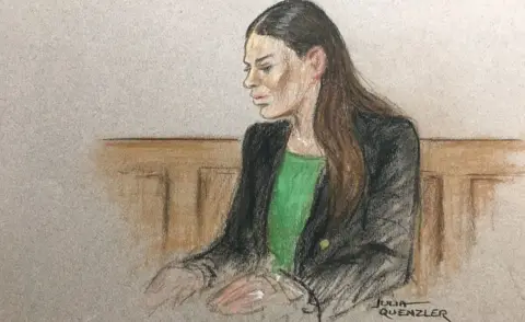Julia Quenzler/BBC Court sketch of Rebekah Vardy giving evidence