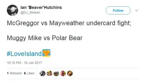 @DJ_Beaver/Twitter A tweet which reads: "McGreggor vs Mayweather undercard fight: Muggy Mike vs Polar Bear"