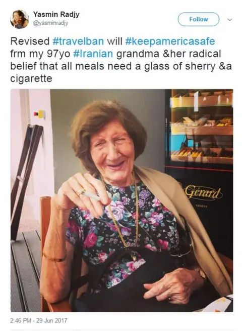 @yasminradjy Yasmin Radjy tweets a photo of her grandmother with the caption: "Revised #travelban will #keepamericasafe from my 97yo #Iranian grandma &her radical belief that all meals need a glass of sherry &a cigarette".