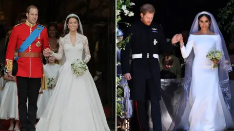 AFP/Getty Images The Duke and Duchess of Cambridge on their wedding day (l) alongside Prince Harry and Meghan Markle (r)