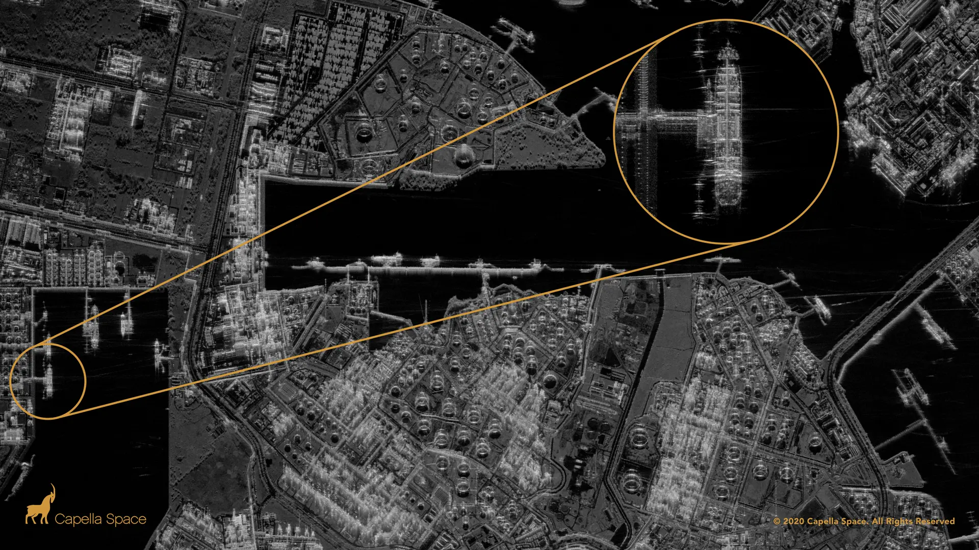ExxonMobil complex in Singapore: At high resolution it's possible to know the identity of ships