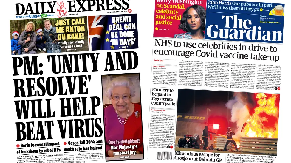 Daily Express and the Guardian front pages 30 November 2020