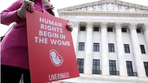 Getty Images A pro-life activist holds a sign outside the US Supreme Court during the 48th annual March for Life January 29, 2021