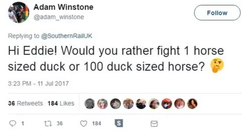 @adam_winstone/Twitter Hi Eddie! Would you rather fight 1 horse sized duck or 100 duck sized horse?